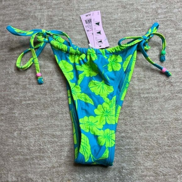 NWT Women's String Sexy Fit Bikini Bottom Blue Neon Green Tropical Floral small - Picture 5 of 5